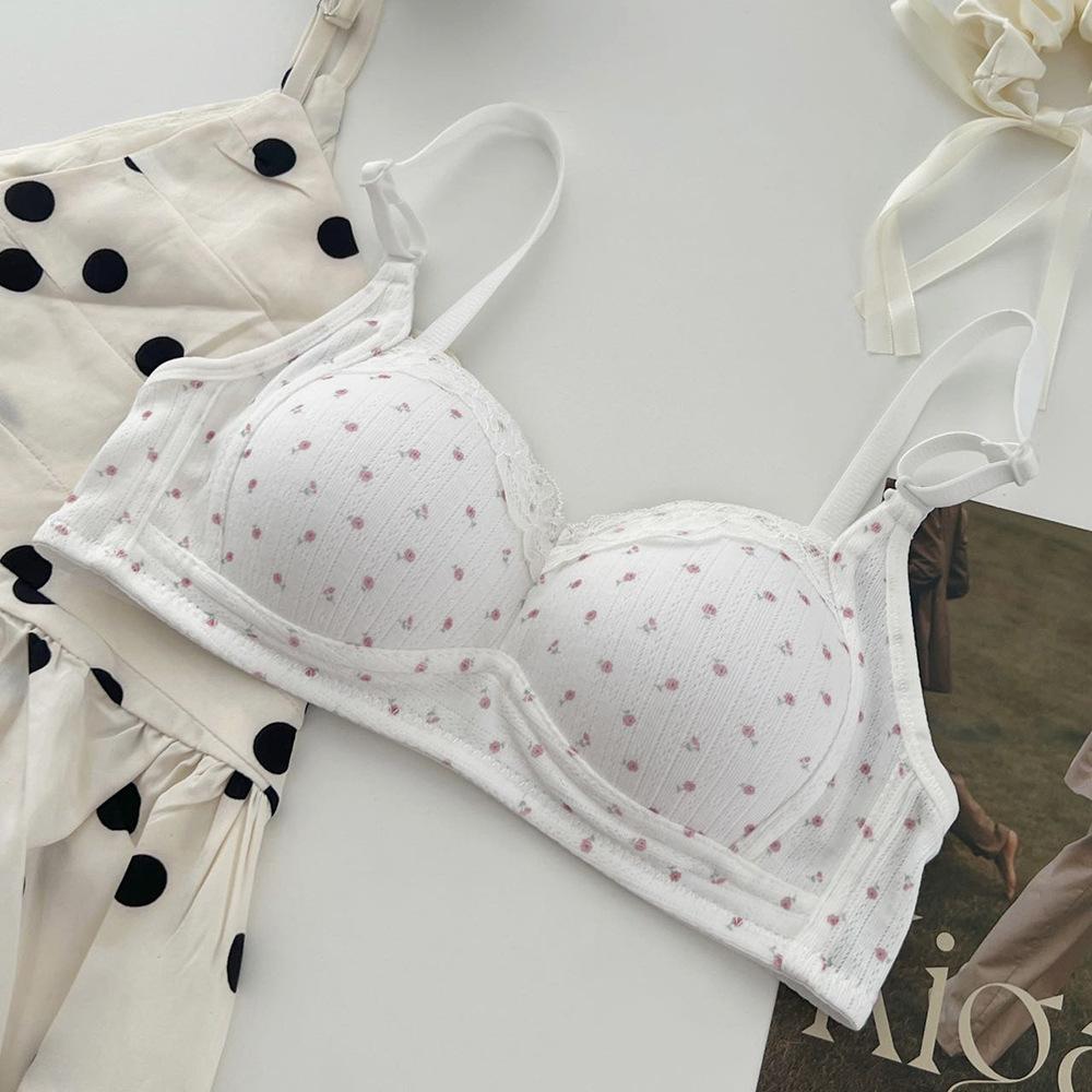 Girls floral underwear, women's small breasts gather without steel rings, close secondary breasts, anti-sagging student bra cover, cream blue