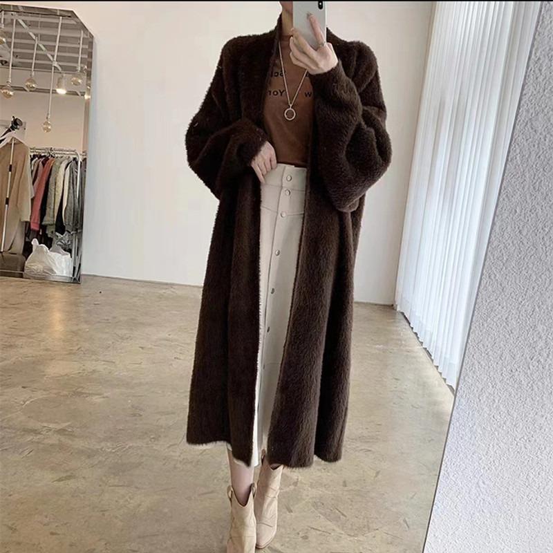 Lazy wind long knee anti-mink sweater jacket women's clothing autumn and winter new large size loose knitted cardigan