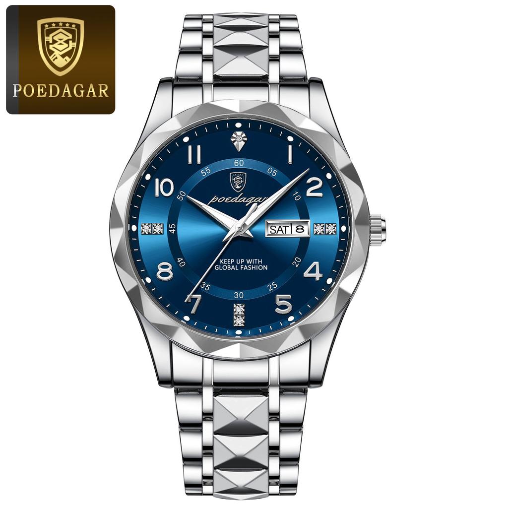 POEDAGAR Luxury Man Wristwatch Waterproof Luminous Date Week Watch Sport Stainless Steel Quartz Watches Male reloj+box