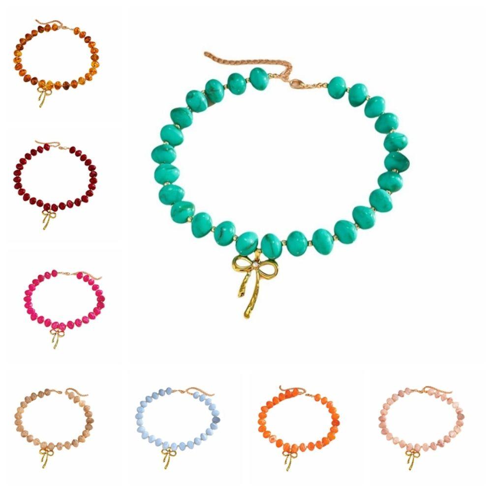 Fashion Resin Beaded Necklace Round Multicolor Bow Pendant Choker Jewelry Boho Women Clavicle Chain Travel