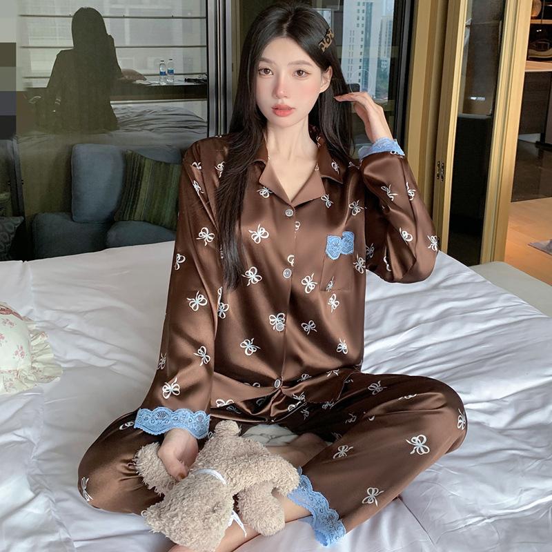 French Cute Cat Ice Silk Pajamas Women'S Spring And Autumn Sweet Wind Cool Long-Sleeved Loungewear Suit Can Be Worn Outside