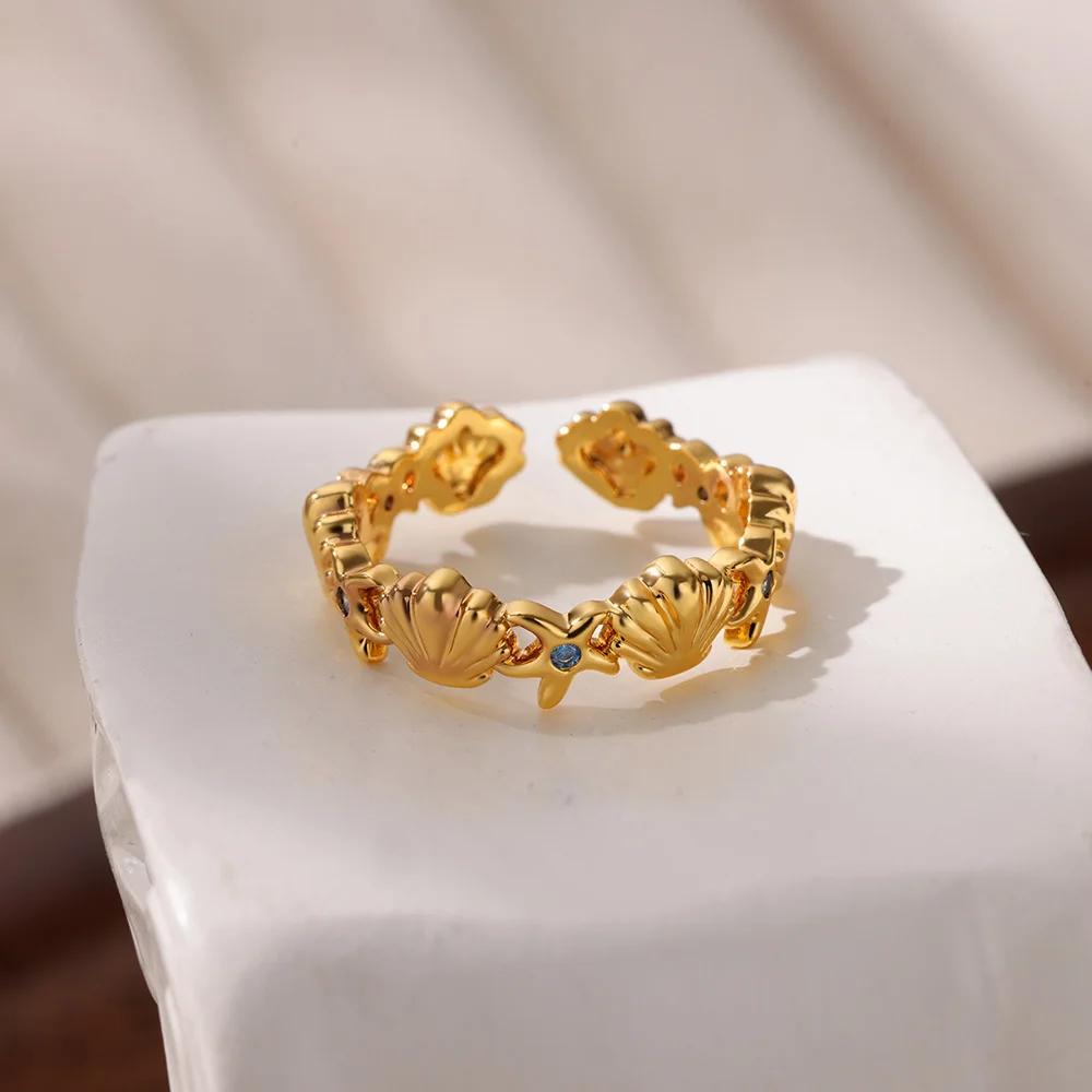 Dainty Zircon Shell Starfish Turtle Evil Eye Rings Stainless Steel Ring Women Anti Fading Golden Charm Zircon Accessories Gifts