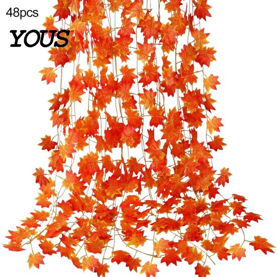 Orange Red Autumn Leaf Decor Artificial Maple Garland, Hanging Plant Fake Fall Wall Rattan, Gradient Leaves for Thanksgiving Home Foliage Vines