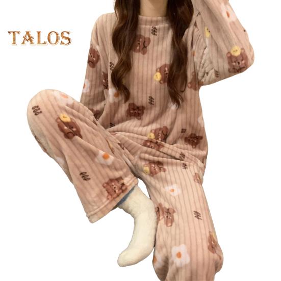 Ensemble de pyjama d'hiver 2 pièces pour femme, col rond, motif ours et pêche, manches longues, polaire corail, vêtements d'intérieur, haut et pantalon, vêtements de détente amples pour femme