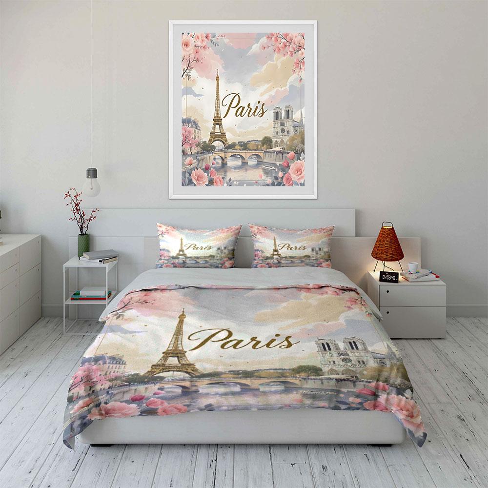 Romantic Paris Eiffel Tower Scenery Duvet Cover Set With 3D Printing Design Soft Polyester Bedding Set All-Season Comfort