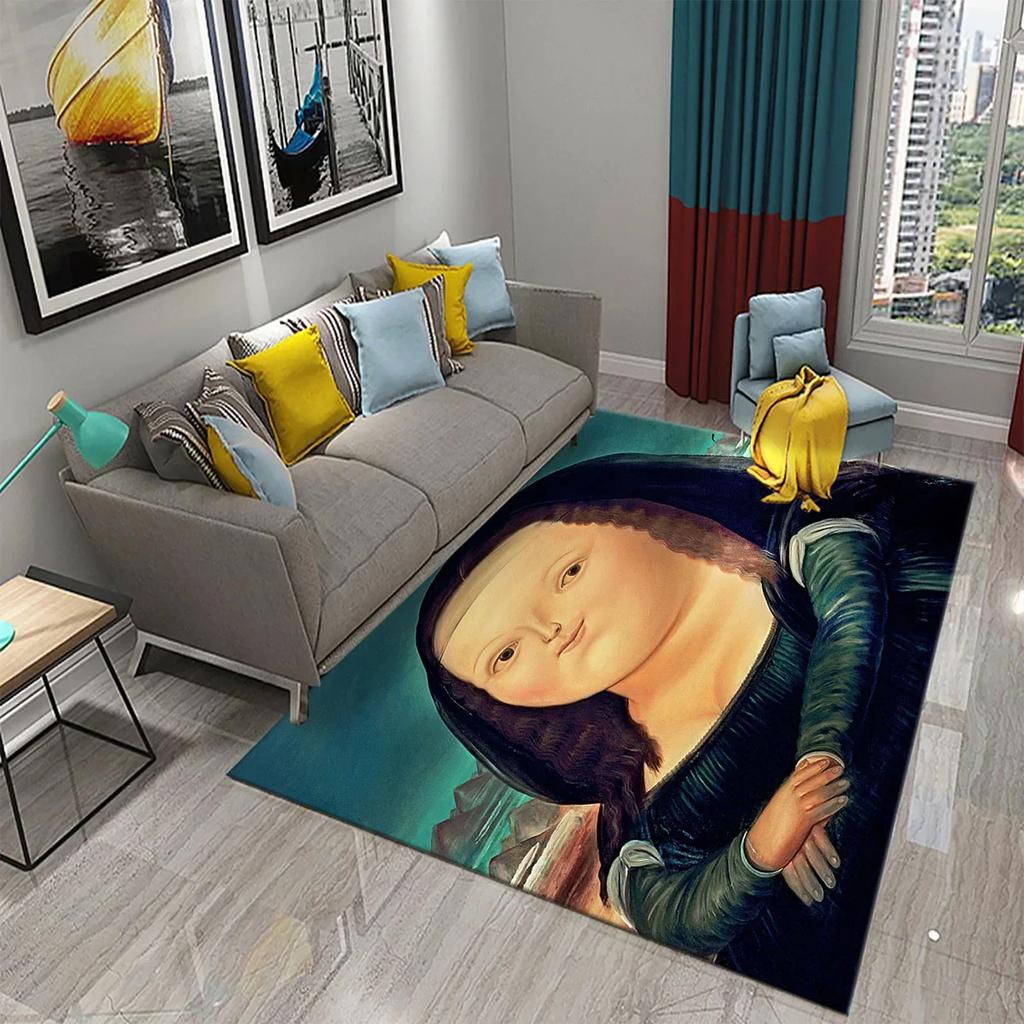 Funny Mona Lisa Oil Painting Carpet Home Decor Painting Mat for Living Room Bedroom Kitchen Bathroom Non-slip Floor Area Mats