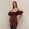 Sexy dress, waist-cinched hip skirt, bandeau one-shoulder, fishbone ruffled dress