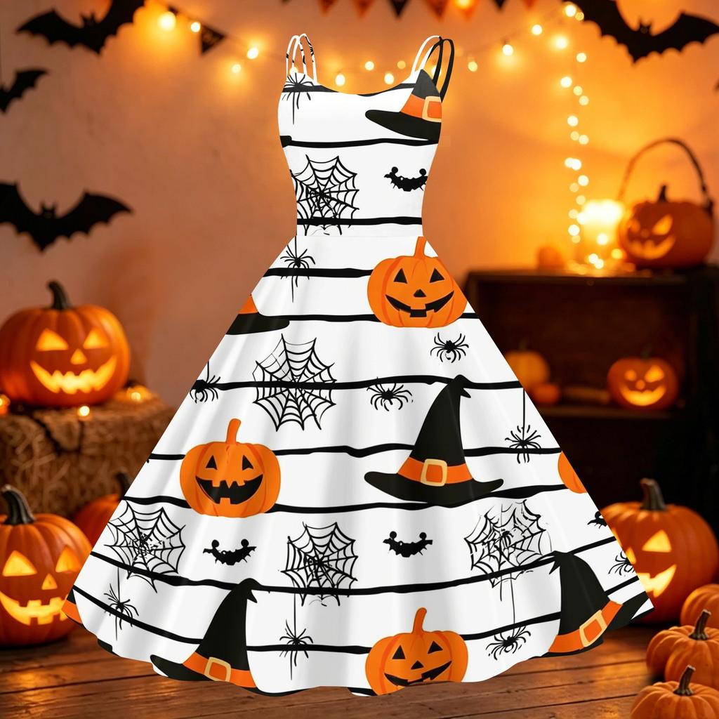 Womens Halloween Print Dress Off Shoulder Punk Style Vintage Flared Skirt Spaghetti Strap Sleeveless Dress for Party