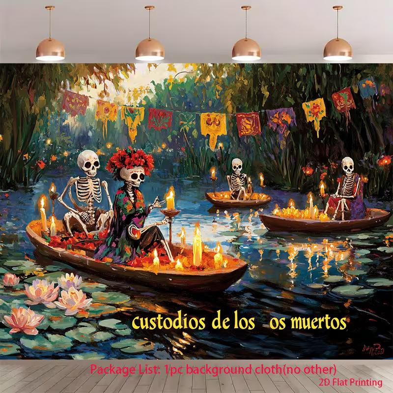 2D Mexican Festival Backdrop - Colorful Skeleton Boats & Water Lilies Tapestry for Photoshoot 47.2x31.5inch/120*80cm