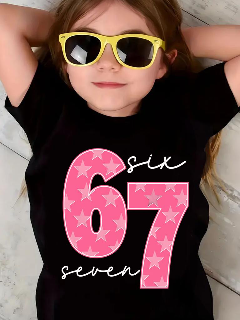Latest Spring and Summer Children's Personality English Letters 'Six Seven' 67 Graphic T-shirt Novelty Fashion Round Neck Short-sleeved Top Children G