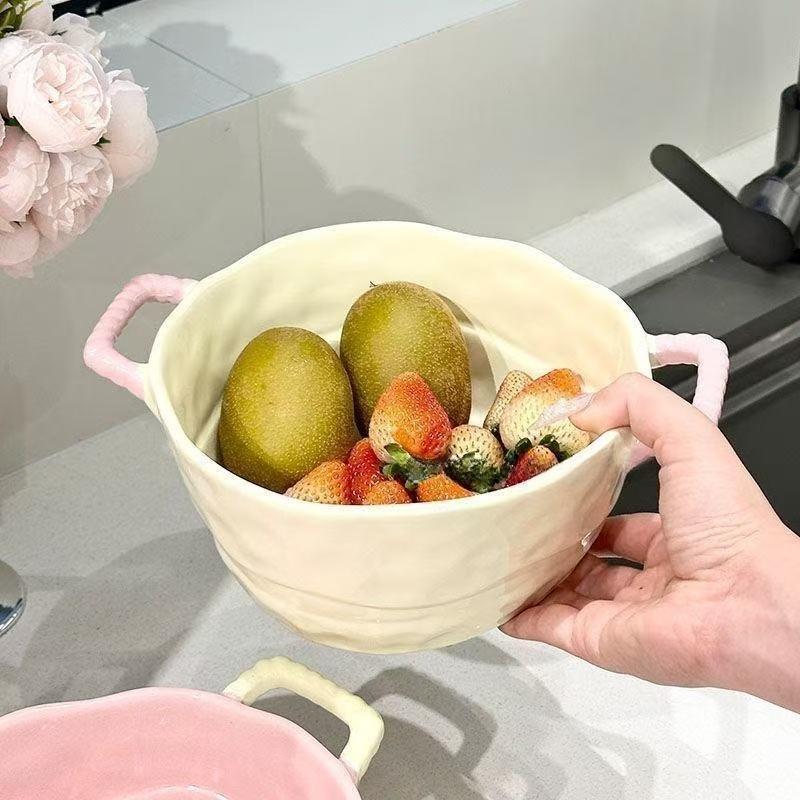 Double Ear Ceramic Soup Bowl Household Large Capacity Fruit Salad Bowl Instant Noodle Bowl