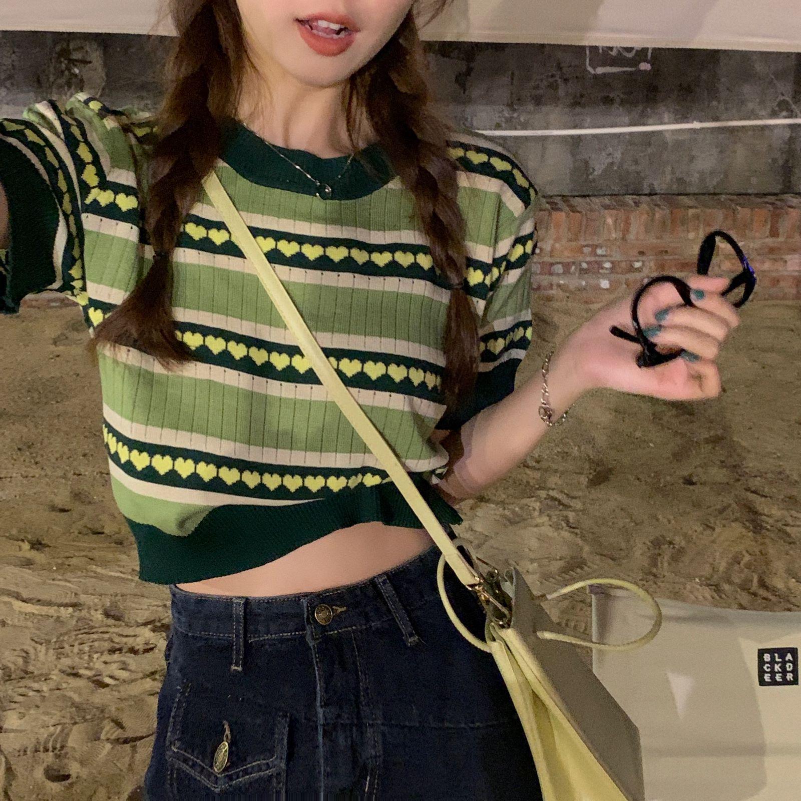 

Women s Avocado Green Knitted Slim Fit Short Sleeve Top - Retro Spring/Summer Design One Size (recommended for under 125 lbs)