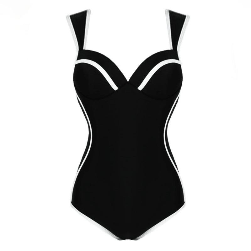 European and American swimwear black and white color matching simple Korean version sweet sister one-piece swimsuit women 7 S чёрный