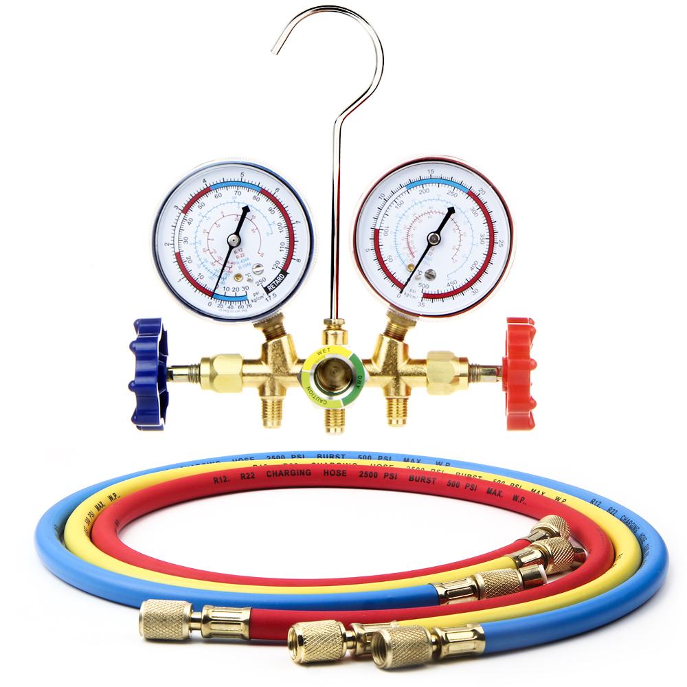 New Air Conditioning Pressure Gauge with Hose and Hook 3 Way AC Diagnostic Manifold Gauge Set for Freon For R12 R22 R404A R134a