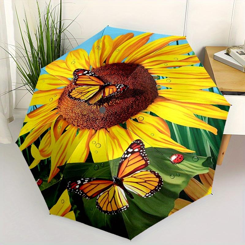 

1pc Sunflower & Butterfly Automatic Umbrella - Compact Retractable Design with 8 Ribs, Lightweight Durable Plastic for Outdoor (as the picture,Iron&8K)