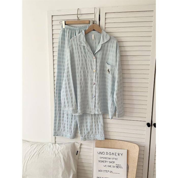 

Love cat colored cotton grid pajamas women s spring and autumn long-sleeved trousers cardigan set loose break can wear loungewear M