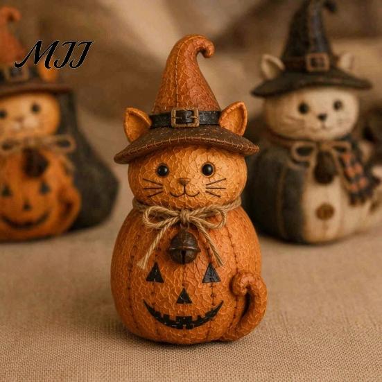 Rustic Pumpkin Figurine Sets 3Pcs Halloween Witch Cat Dog Statues, Resin Farmhouse Seasonal Home Soft Furnishings Ornaments for Autumn Thanksgiving,
