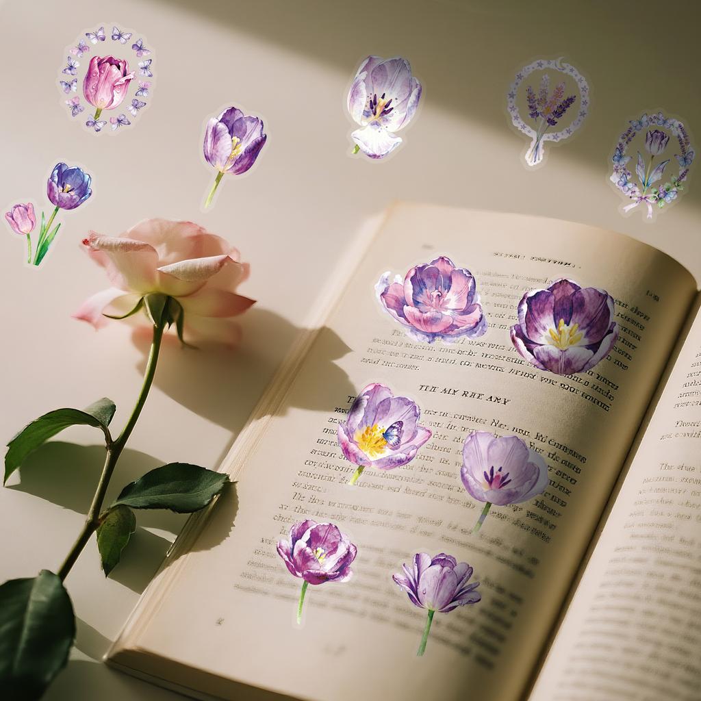 56pcs Watercolor Lavender Stickers Set Purple Bouquet/Vase/Small Object Elements Artistic Journal Laptop Decor PET Stickers Pack