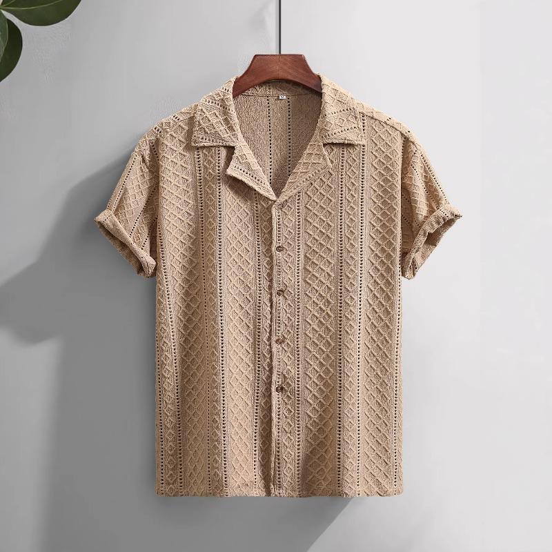Textured Cuban Collar Casual Hollow-out Men s Short-sleeve Shirt S