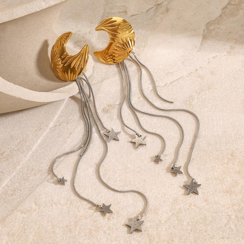 Youthway Stainless Steel Gold& Color Star Moon Patterned Long Tassel Earrings For Women Trendy Anti Allergic Jewelry Gift