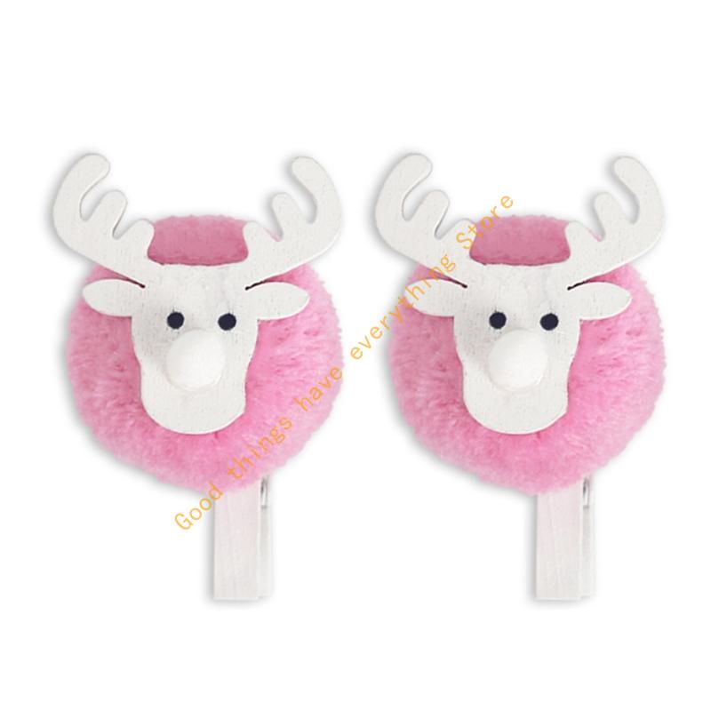 

2PCS Christmas Reindeer Wooden Note Clips Soft Plush Photo Holder Clip for Christmas Tree Photo Wall Decoration 55KF рожевий