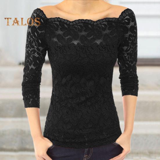 Damen Tops Schrägkragen Langarm Spitzenhemd Hohle Spitze Spleißen Einfarbig Slim Fit Stickerei Spitze Blumen Tops