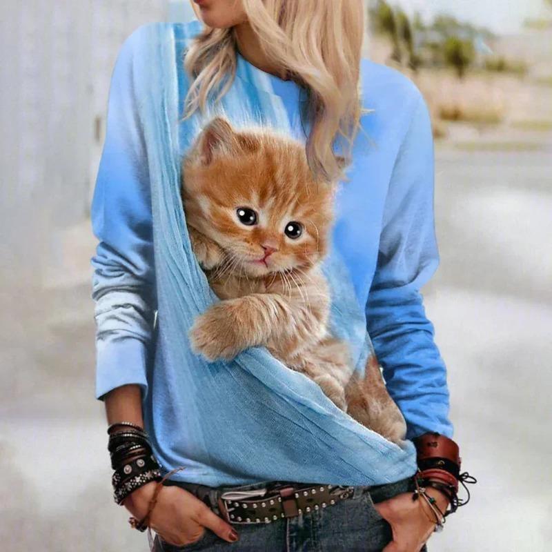 Women's 3D Pullovers O-neck Long Sleeve Cat Puppy Fashion Animal Cute Pet Print Hoodies Large Casual Street Wear Oversize Sweatshirt Ootd