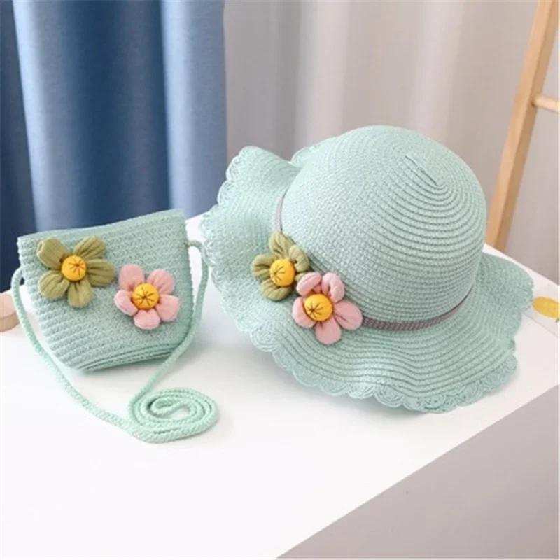 New 2 pcs Summertime Cute Children Straw Hat and Shoulder Bag Girls Outdoor Beach Cap Cute Bow Travel Beach Sun HatCrossbody Bag