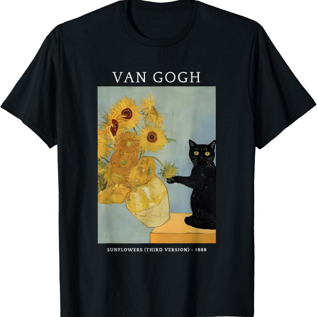 Lustiges Van Gogh Sonnenblumen Katze Meme Van Gogh Kunst Grafik Herren Damen Kinder T-Shirt