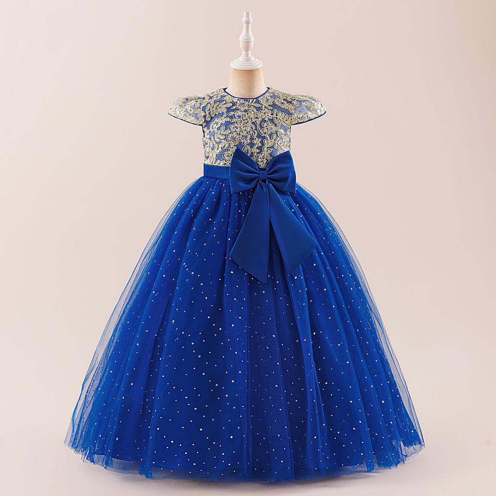 Dziewczęca haftowana sukienka księżniczki z bufiastymi rękawami i kokardą