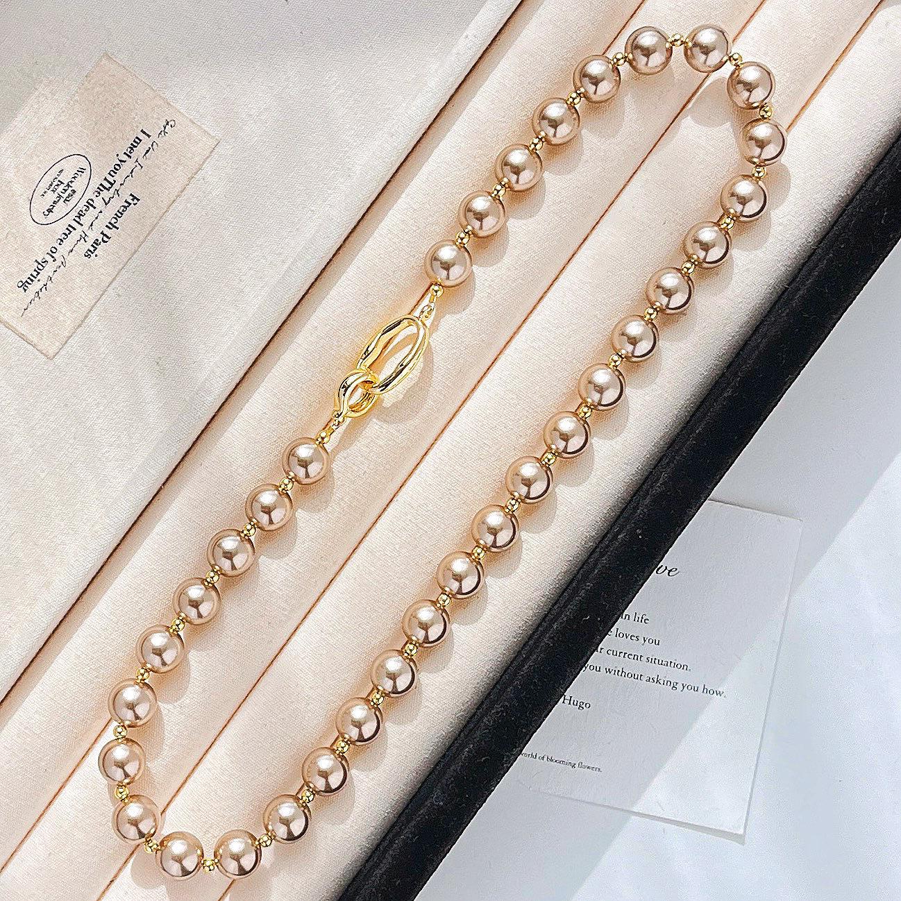 

10Mm High Quality Mocha Brown Shijia Pearl Maillard Wind Necklace Collarbone Chain Neck Chain Sweater Chain Women