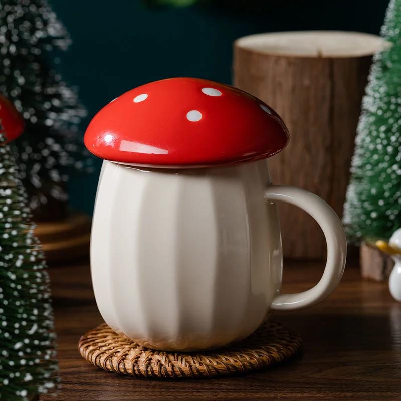 New Style Cartoon Mushroom Theme Water Bottle Mug Cup Ceramic Material Milk Coffee With Lid Fairy Tale