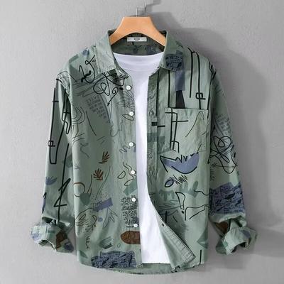 Spring and Autumn European Station Fashionable Printed Long-Sleeved Shirt Men's Japanese Hong Kong Style Pu Shuai Youth Casual Outdoor Shirt