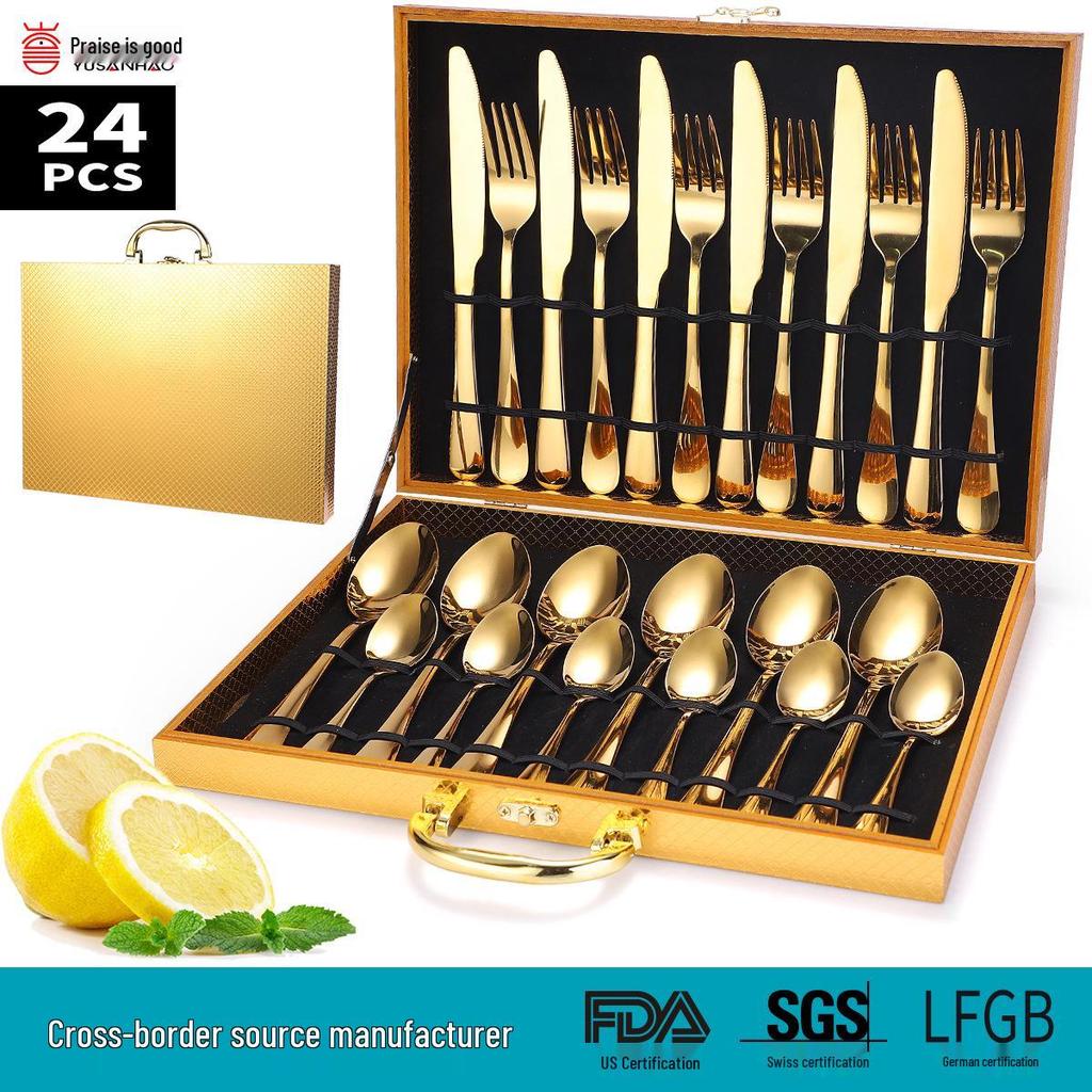 24-Piece Gold Stainless Steel Cutlery Set with Knife, Fork, Spoon & Household Storage Rack In Gift Box