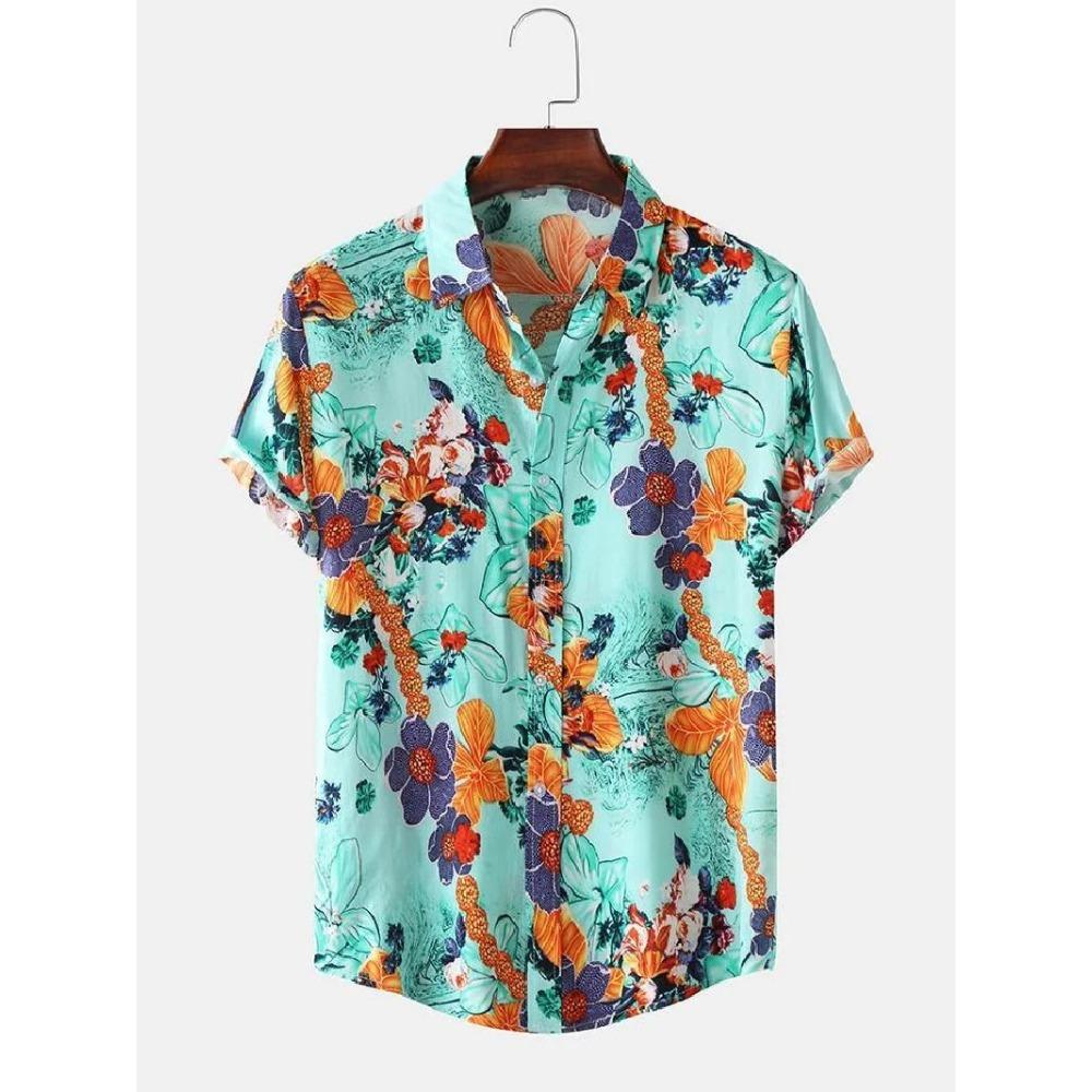 Sommer Herren Retro Bedrucktes Muster Kurzarm Revers Knopf Mode Lässig Mantel Hemd Übergroße Kleidung