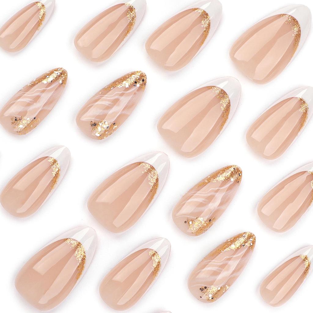 Classic French Gold Glitter White Wearable Nails with Marbled Design