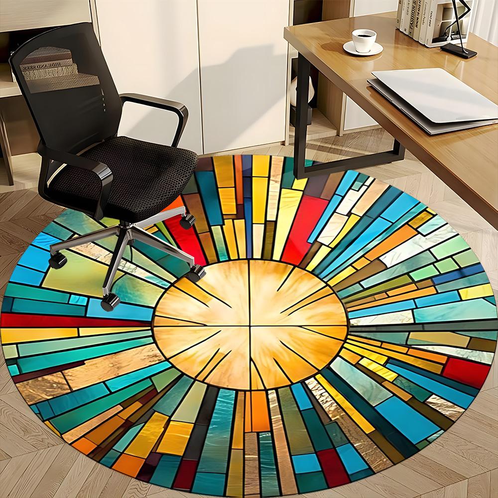 1pc Stained Glass Sunburst Office Round Area Rug, Indoor Mat Suitable ForOffice, Under Office Chairs Bedroom Living Room Home Decor, Room Deco D058