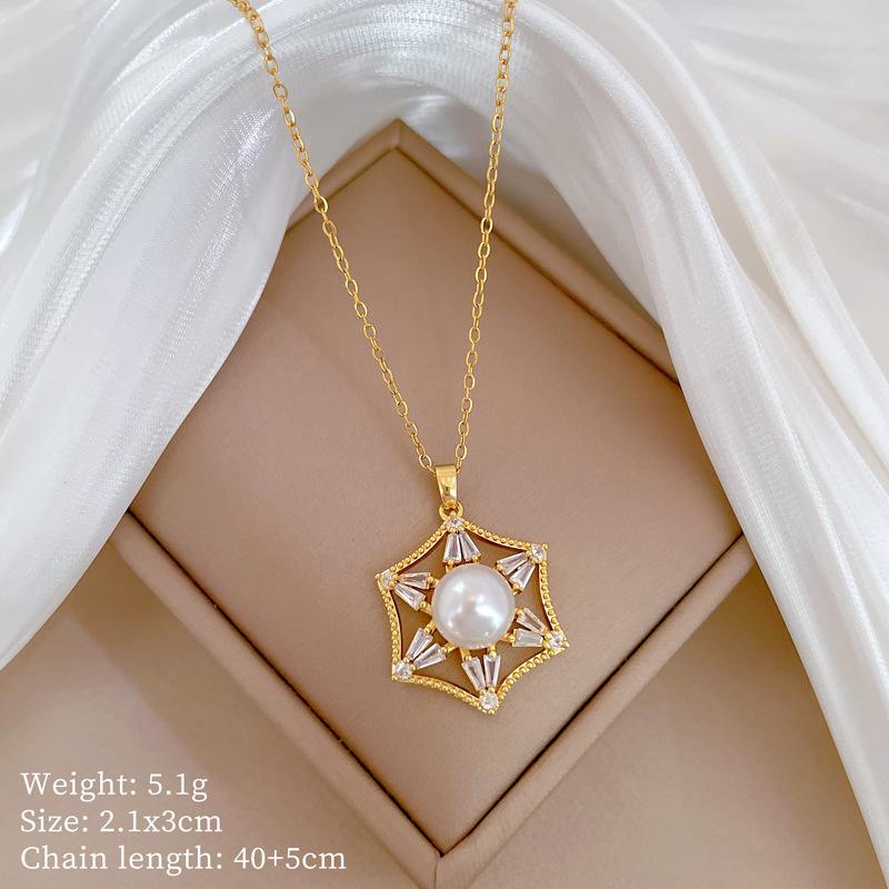 Necklace Earrings Set Light Luxury Full Diamond Hexagonal Pearl Personality Temperament Banquet Earrings Necklace Group