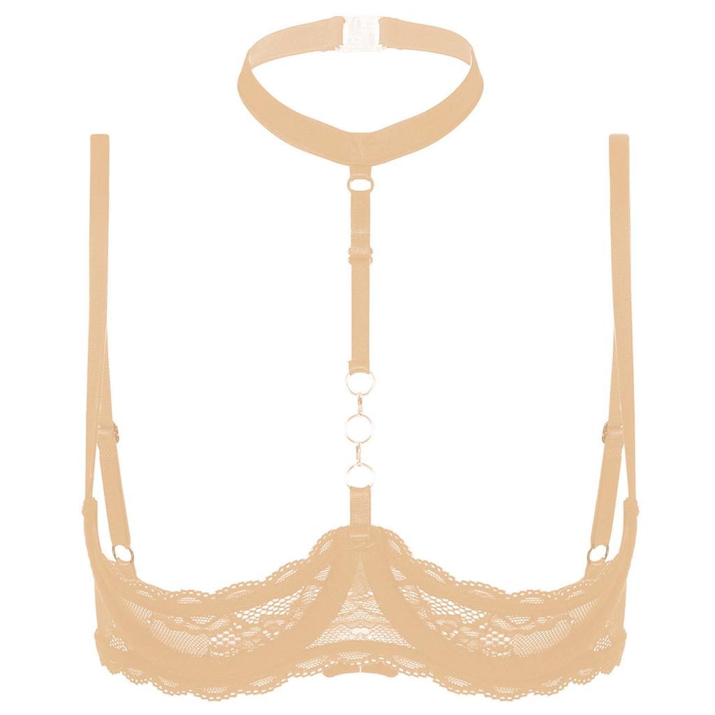 Women's Sexy Mesh Sheer Lace Unlined Bra Halter Neck Shelf Bra Push Up Brassiere Lingerie