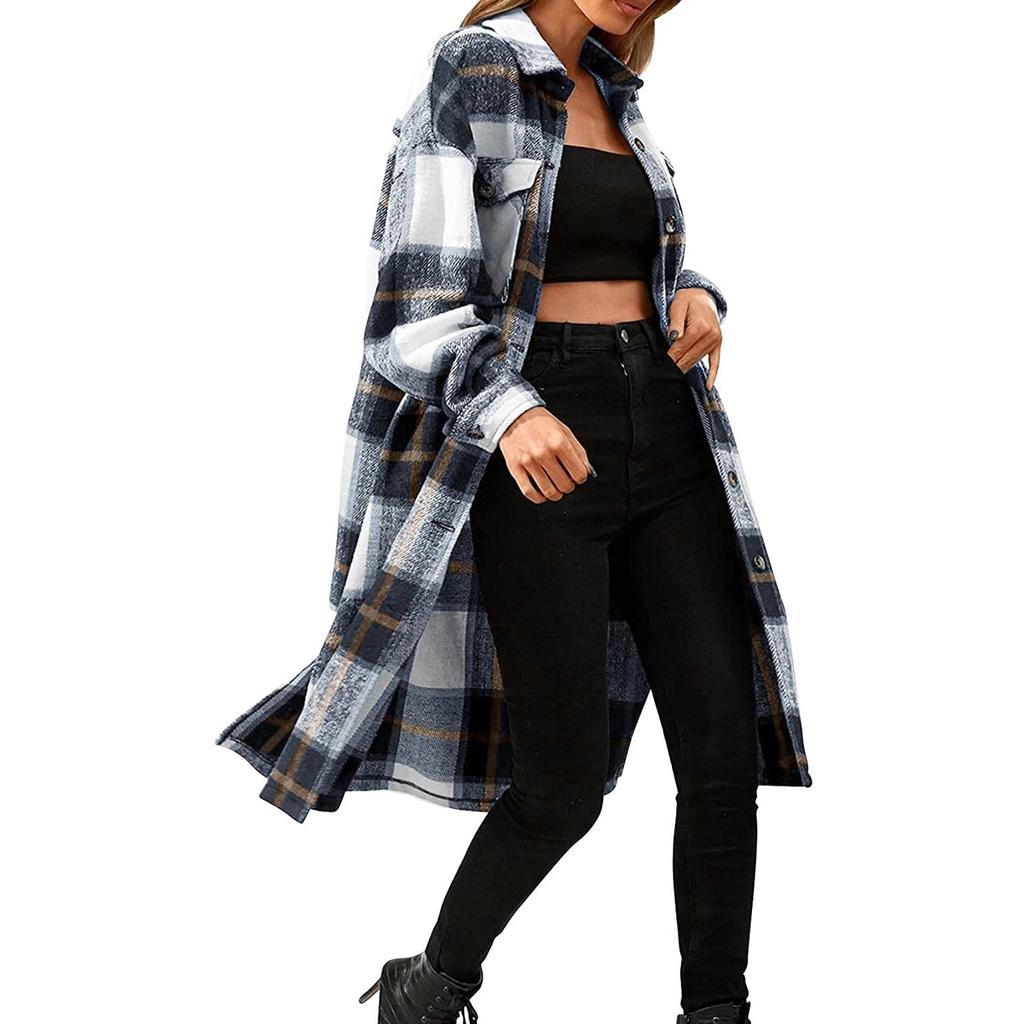 Módní dámské ležérní volné broušené vlněné plyšové kostkované kabátky s dlouhým rukávem