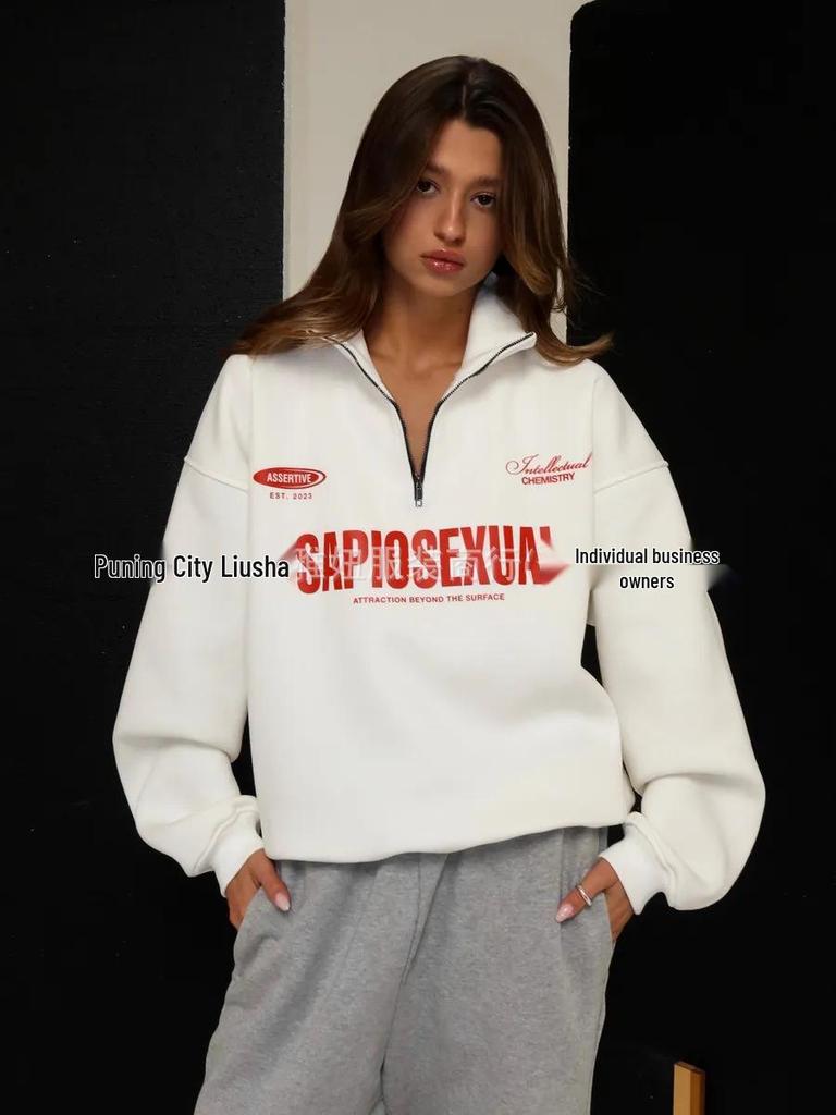 2025 Trendy Letter Print Zipper Lapel Hoodie for Women – Stylish & Casual Autumn/Winter Wear