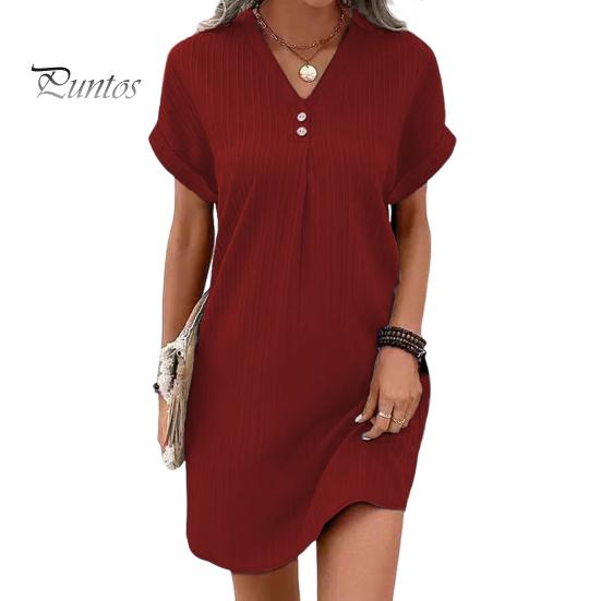 Summer Women Dress V Neck Button Short Sleeves Loose Solid Color Pullover Casual Daily Wear Dating Mini Dress