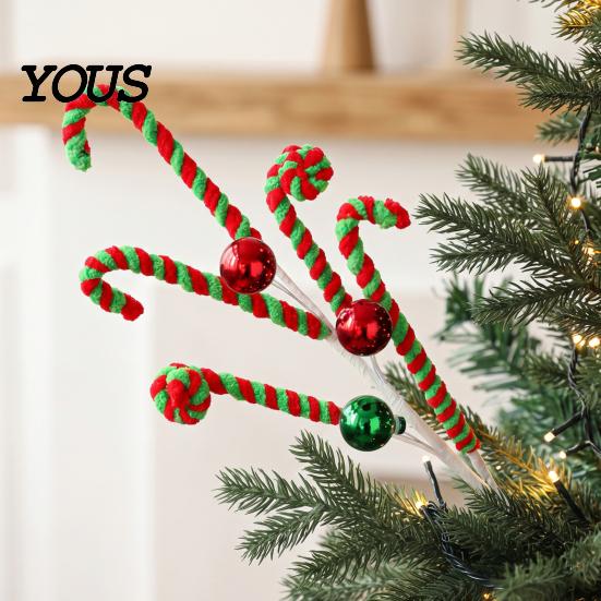 Xmas Tree Decoration Christmas Candy Cane Pick, Red White Green Plush Stem, Decorative Props Branch for Vase Filler, Wreath, Filler