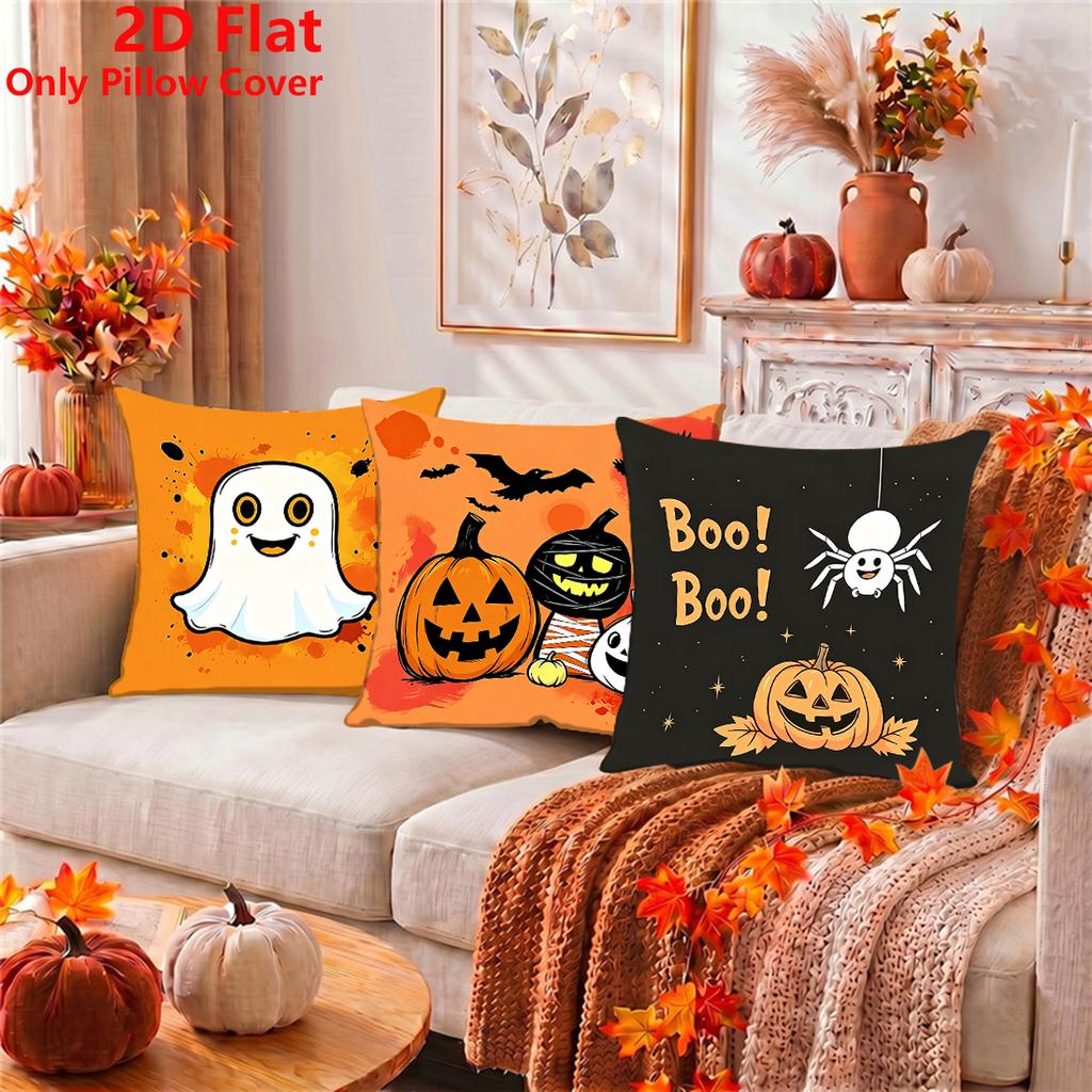 1pc Halloween Pumpkin Headed Ghost Print Polyester Pillowcase Home Decor Pillowcase Car Sofa Cushion Cover Home Halloween Decor 45x45cm