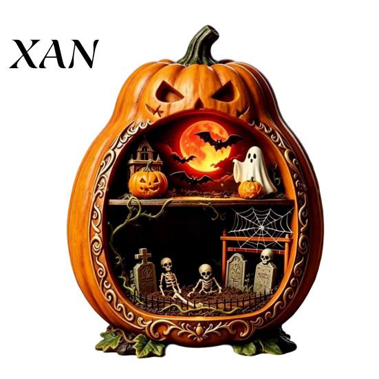 Halloween Pumpkin Ornaments Centerpiece Pumpkin, Wooden Ornament with Miniature Scenes, Rustic Decorative Skeleton for Farmhouse Home Table