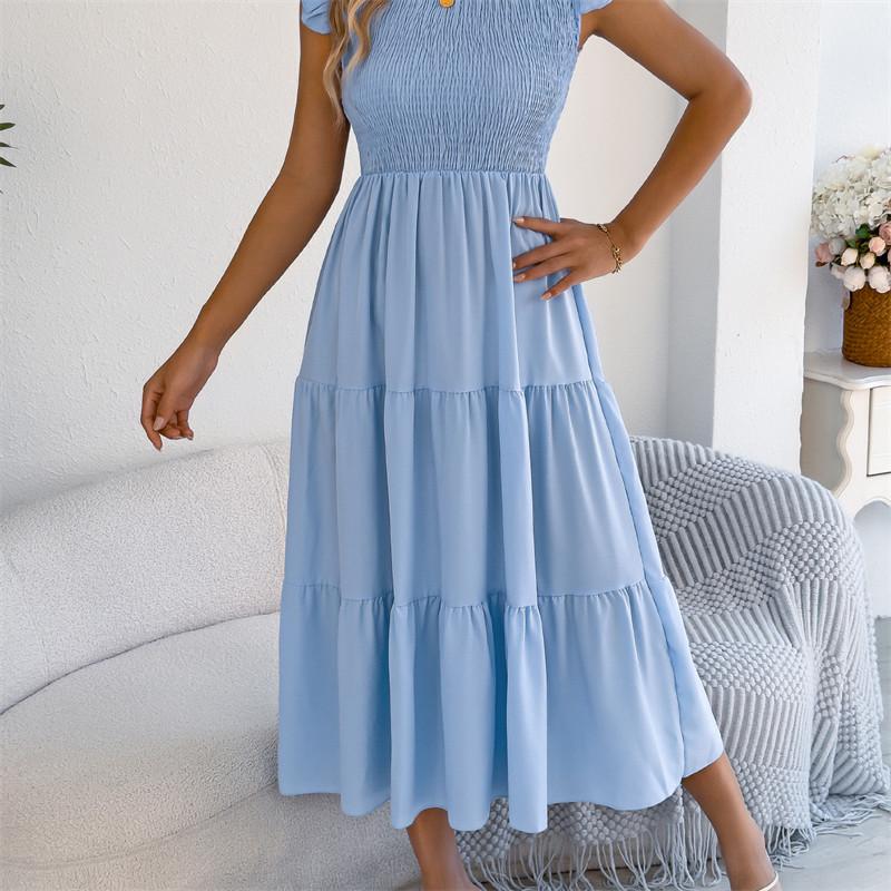 2026 Spring/Summer Women's Solid Color Black Fungal Edge Flying Sleeve Pulling Waist Skirt S-XL