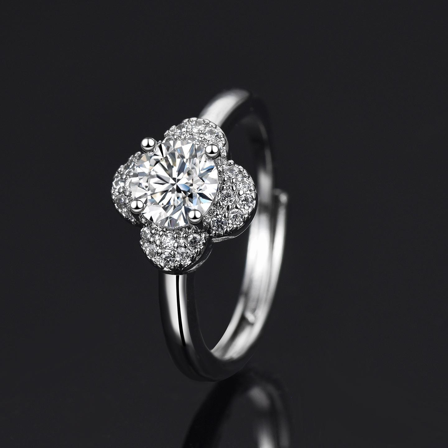 Women s Adjustable Four-Leaf Clover Diamond Ring with Pave Setting Adjustable Open Size