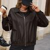 Casual short long sleeves, zipper PU locomotive leather jacket, lapel jacket top