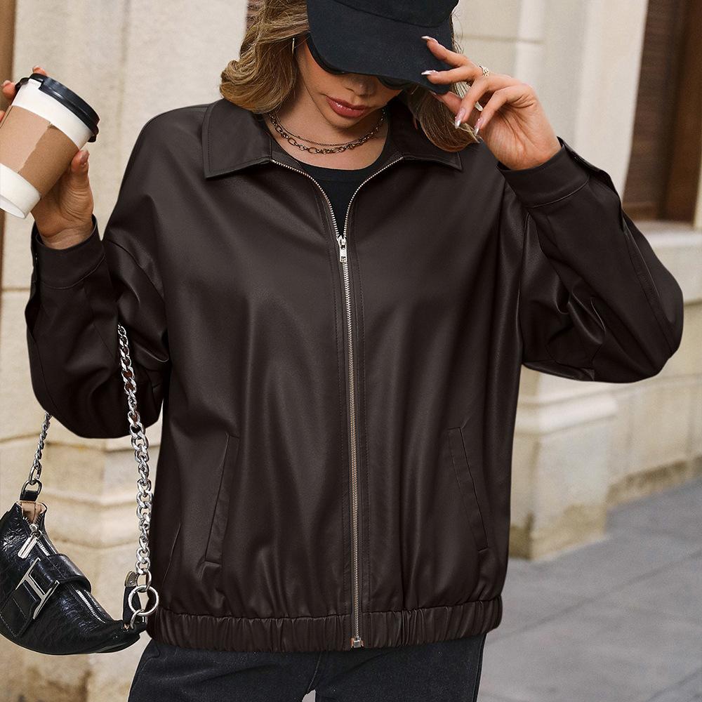 Casual short long sleeves, zipper PU locomotive leather jacket, lapel jacket top
