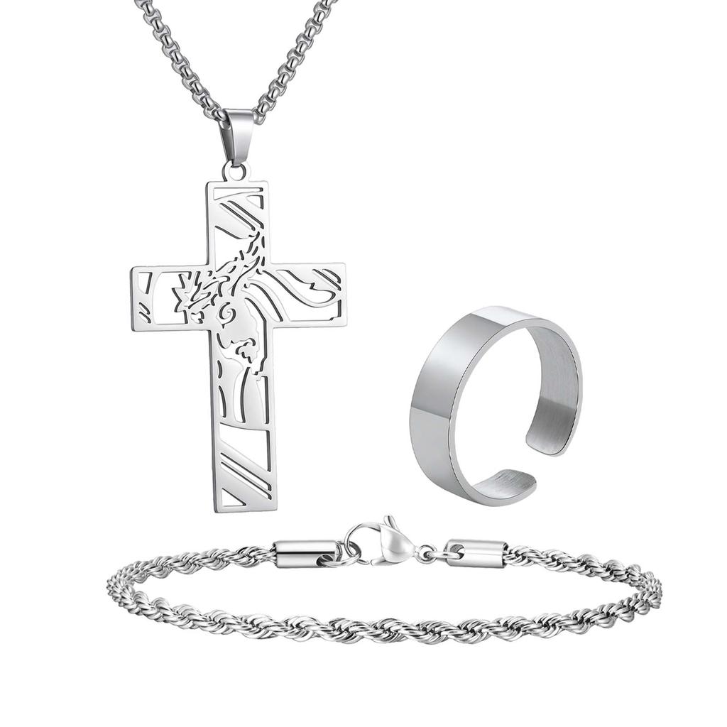 Vnox Men's Cross Hollow Pendant Necklaces Jewelry Set, Stainless Steel Necklace Rope Bracelet Open Size Ring Faith Prayer Set